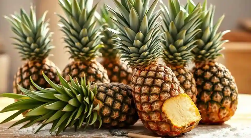 Fresh and juicy pineapple on a tropical background