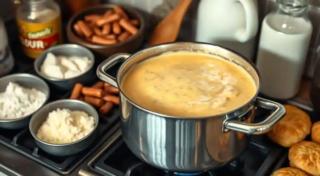 Homemade breakfast gravy being prepared in the kitchen.