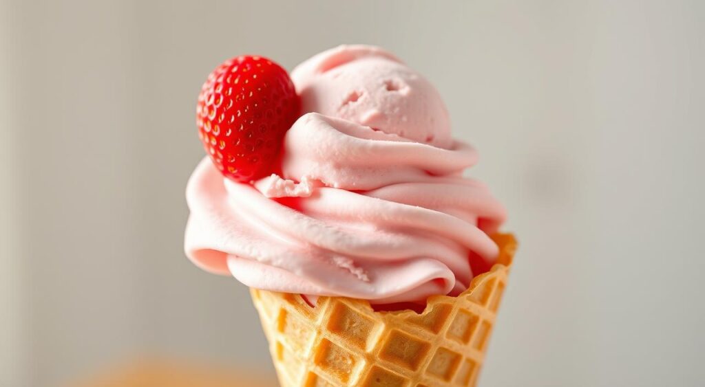 A perfectly scooped strawberry ice cream cone, sitting atop a delicate waffle cone. The ice cream has a smooth, creamy texture, glistening with a hint of pink hue. Soft, pillowy peaks of the ice cream gracefully cascade down the sides, inviting a tactile experience. The waffle cone has a golden, crisp exterior, providing a satisfying crunch with each bite. Soft natural lighting casts a warm glow, highlighting the luscious ice cream and the cone's intricate pattern. The overall composition exudes a sense of indulgence and delight, perfectly capturing the essence of serving the ultimate strawberry ice cream cone. A perfectly scooped strawberry ice cream cone, sitting atop a delicate waffle cone. The ice cream has a smooth, creamy texture, glistening with a hint of pink hue. Soft, pillowy peaks of the ice cream gracefully cascade down the sides, inviting a tactile experience. The waffle cone has a golden, crisp exterior, providing a satisfying crunch with each bite. Soft natural lighting casts a warm glow, highlighting the luscious ice cream and the cone's intricate pattern. The overall composition exudes a sense of indulgence and delight, perfectly capturing the essence of serving the ultimate strawberry ice cream cone.