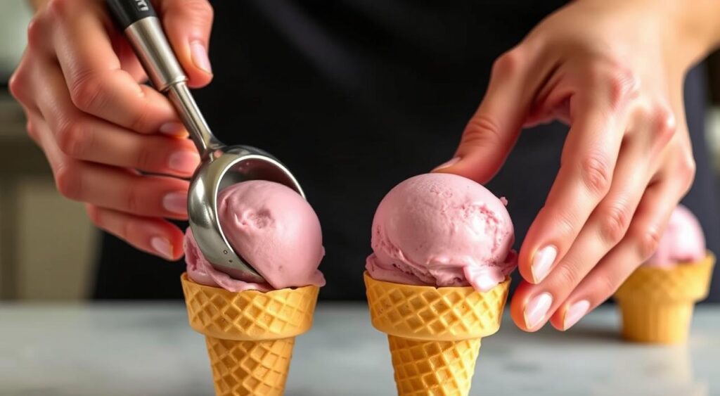 Crafting the Perfect Ice Cream Scoops: A close-up shot of two hands carefully scooping and shaping rich, creamy strawberry ice cream into impeccable spheres, placed atop a golden waffle cone. The scoops are meticulously formed, with a smooth, shiny surface that glistens under warm, directional lighting. The hands are delicate yet precise, expertly manipulating the ice cream to achieve the perfect scoop shape and size. The background is blurred, allowing the viewer's focus to remain solely on the intricate process of assembling the perfect strawberry ice cream cone. Crafting the Perfect Ice Cream Scoops: A close-up shot of two hands carefully scooping and shaping rich, creamy strawberry ice cream into impeccable spheres, placed atop a golden waffle cone. The scoops are meticulously formed, with a smooth, shiny surface that glistens under warm, directional lighting. The hands are delicate yet precise, expertly manipulating the ice cream to achieve the perfect scoop shape and size. The background is blurred, allowing the viewer's focus to remain solely on the intricate process of assembling the perfect strawberry ice cream cone.